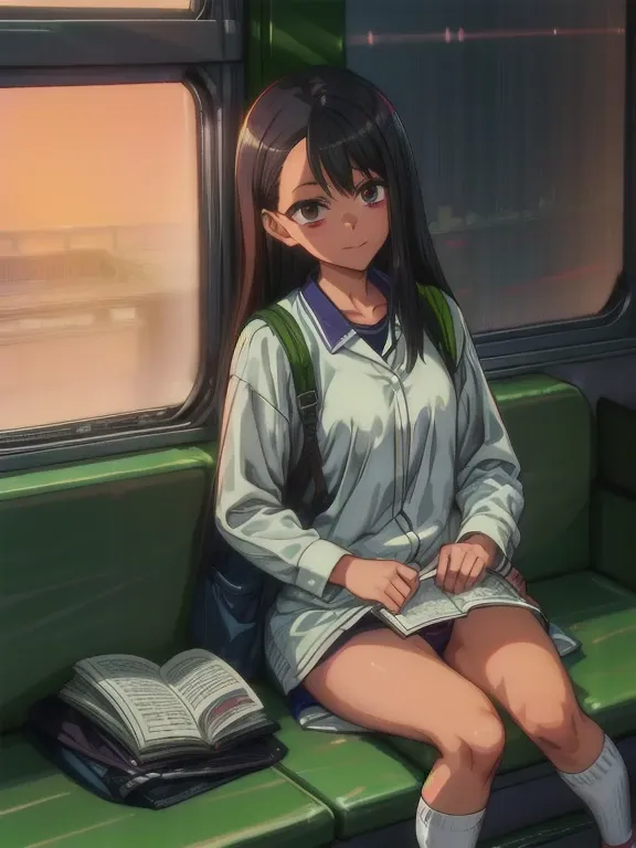 (1) sitting alone on a long seat in a train,sit with your legs apart,showing white panties, composition from the front,low - ang...