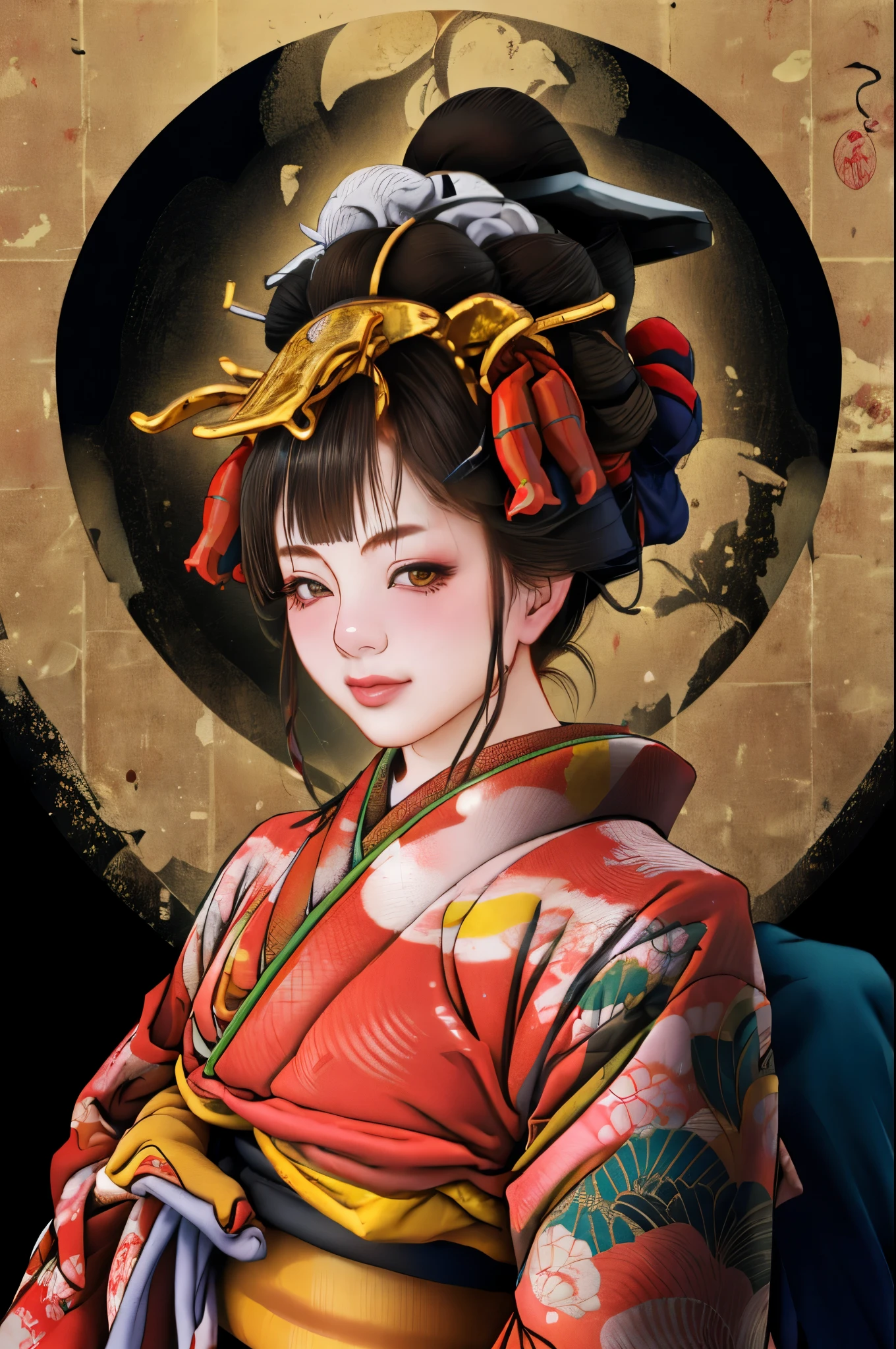 1 fille, seul, Oïran, des pays, pays, En regardant le public, Cheveux courts, yeux marrons, cheveux bruns, cheveux noirs, ornements de cheveux, Haut du corps, kimono, frange émoussée, kimono, ceinture, compenser, coupe de cheveux au carré,