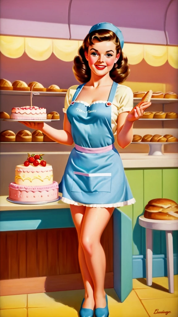 brunette pinup girl takes a cake out of the oven in an apron in pinup style beautiful smile beautiful bakery bright light colors pastel mini skirt posing in pinup style