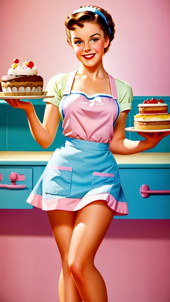 brunette pinup girl takes a cake out of the oven in an apron in pinup style beautiful smile beautiful bakery bright light colors pastel mini skirt posing in pinup style