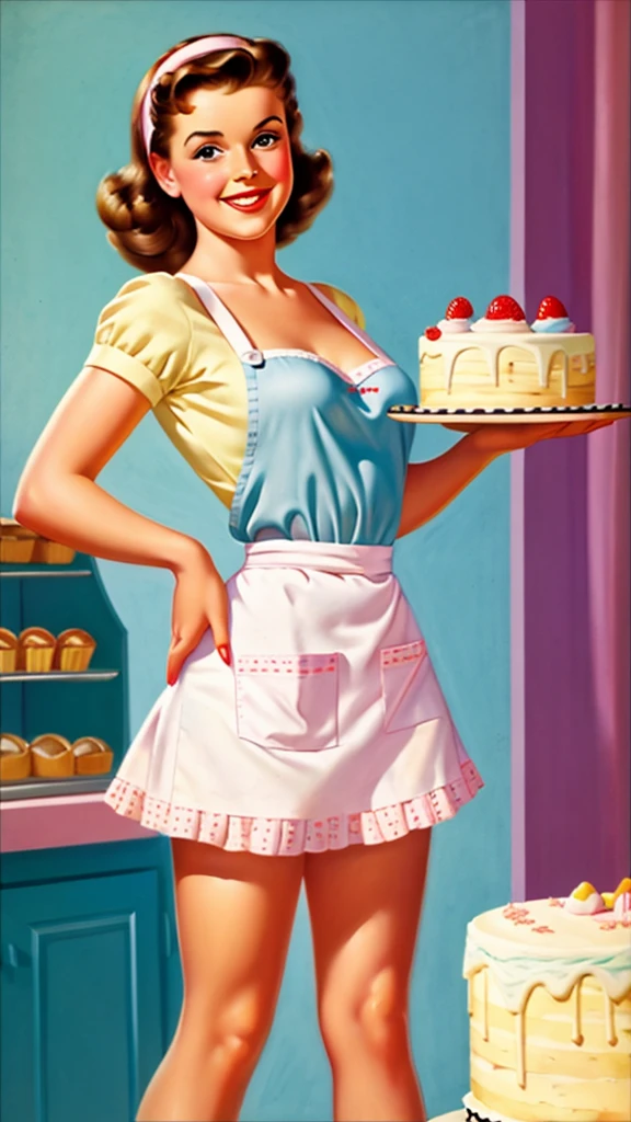 brunette pinup girl takes a cake out of the oven in an apron in pinup style beautiful smile beautiful bakery bright light colors pastel mini skirt posing in pinup style