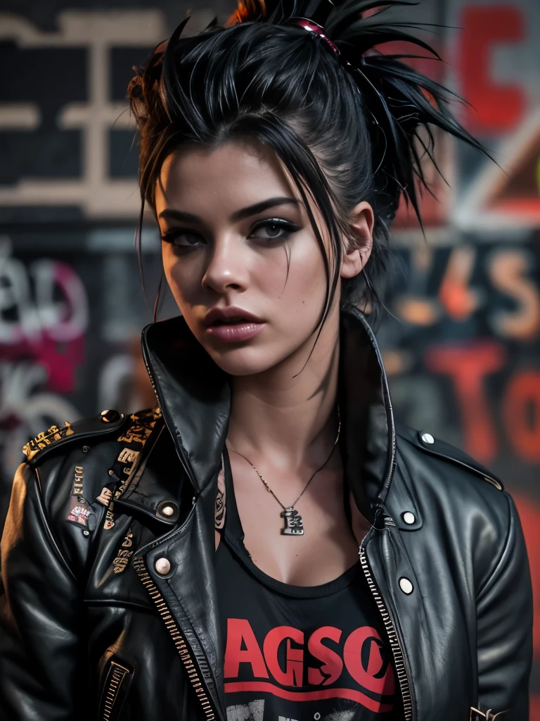 realistic, highly detailed, one ultra hot gorgeous European punk girl. Age 23. with baseball bat, standing in a dark alley, grungy urban environment, moody lighting, dramatic shadows, intense expression, spiked hair, ripped clothing, combat boots, graffiti-covered walls, cinematic composition, photorealistic, 8K, masterpiece