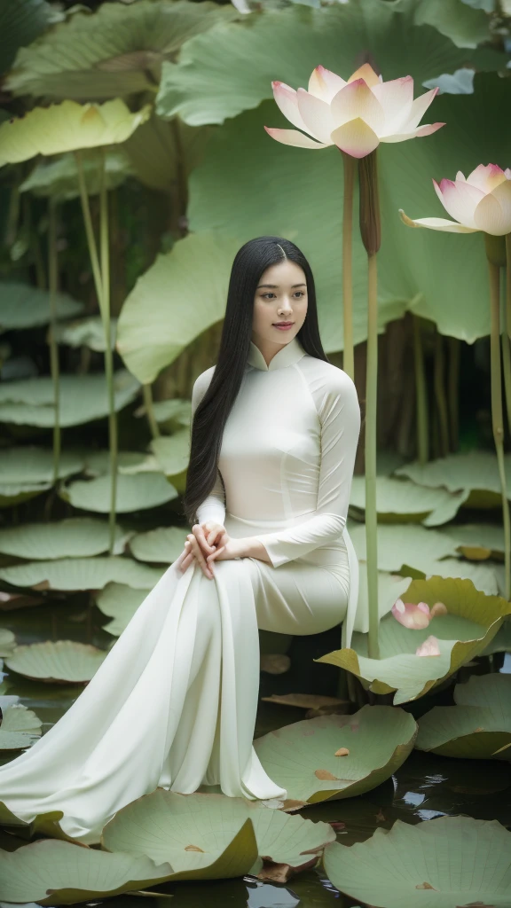 A full-body portrait of a beautiful young woman with long black hair, sitting gracefully among pink lotus flowers. She is wearing a traditional white "ao dai" dress, detailed with lace and delicate embroidery. The background is softly lit with shades of green and pink, complementing the natural beauty of the lotus flowers. The woman is looking down gently, holding a lotus bud in her hands, and her expression reflects calmness and serenity. The overall scene exudes elegance and tranquility, with the pink lotus flowers and green leaves creating a harmonious and serene atmosphere.