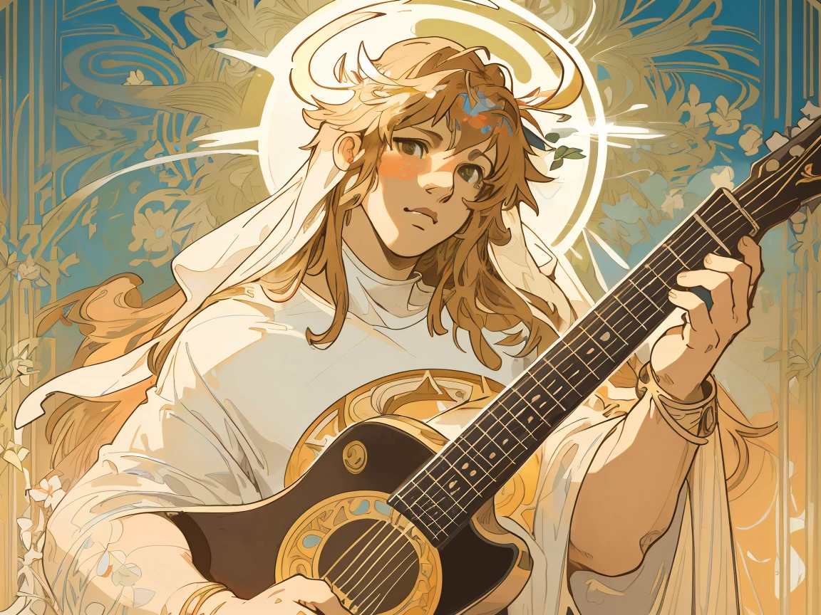 face portrait of a guitarist , holy virgin mary, ((halo over head)), heavenly sky, half body, ((divine light)), ethereal, floral frame, Decorative panels, abstract artistic, by Alphonse Mucha (Masterpiece, Best Quality, Highres:1.4), Detailed, Intricate Details, 4K, color splashes, line art, fibonacci,