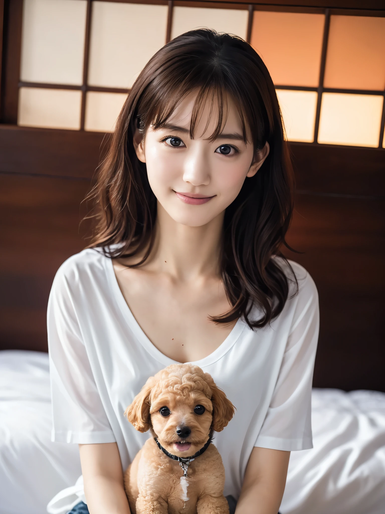 Beautiful girl playing with a puppy, 17 years old, (Highest quality:1.4), (Very detailed), (Very detailed美しい顔), sit, avert your eyes, smile, White T-shirt, Great face and eyes, iris, Medium Hair, Japanese Beauty, (Skinny body type:1.1), (Flat Chest:1.3), (toy poodle:1.3),Smooth, Very detailed CG 統合 8k 壁紙, High-resolution RAW color photos, Professional photography, Light, BackLight, dream-like, impressive, Written boundary depth, bedroom, (Shooting from below:1.2)