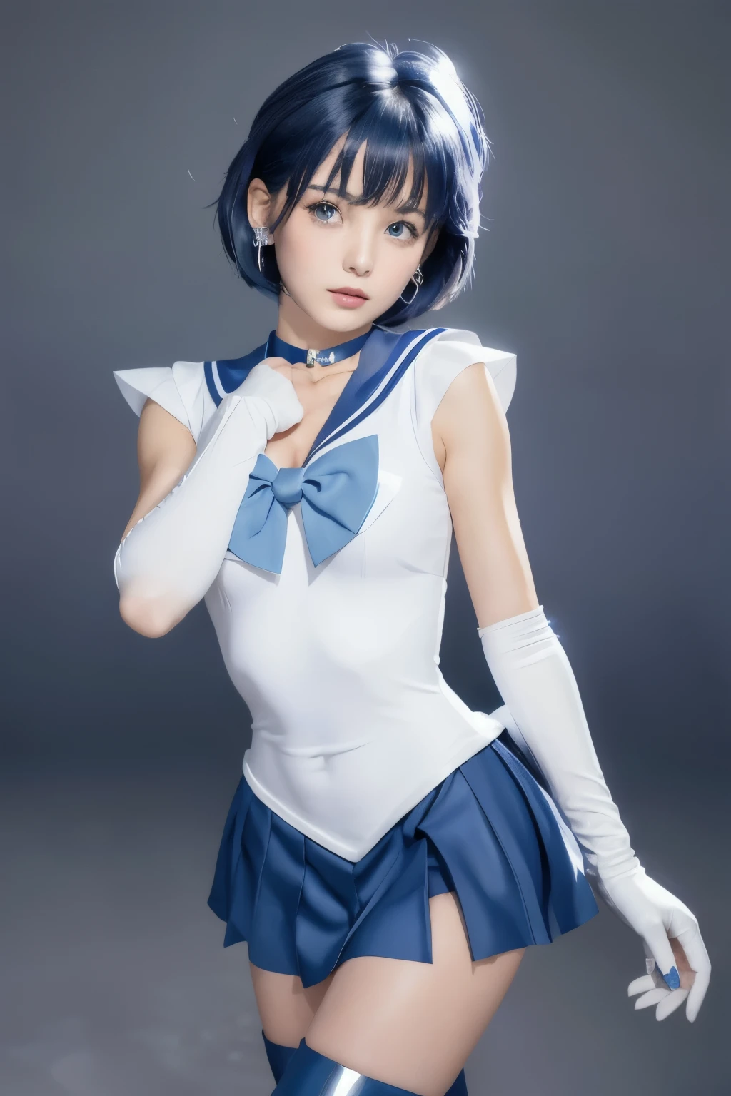 Mer1, tiara, sailor senshi uniform, blue sailor collar, bow, knee boots, choker, white gloves, blue choker, elbow gloves, jewelry, earrings, blue skirt,(Highest quality, masterpiece, Ultra-high resolution), Mercury in the background, Dynamic pose,Cute face,Realistic Skin,Realistic Face