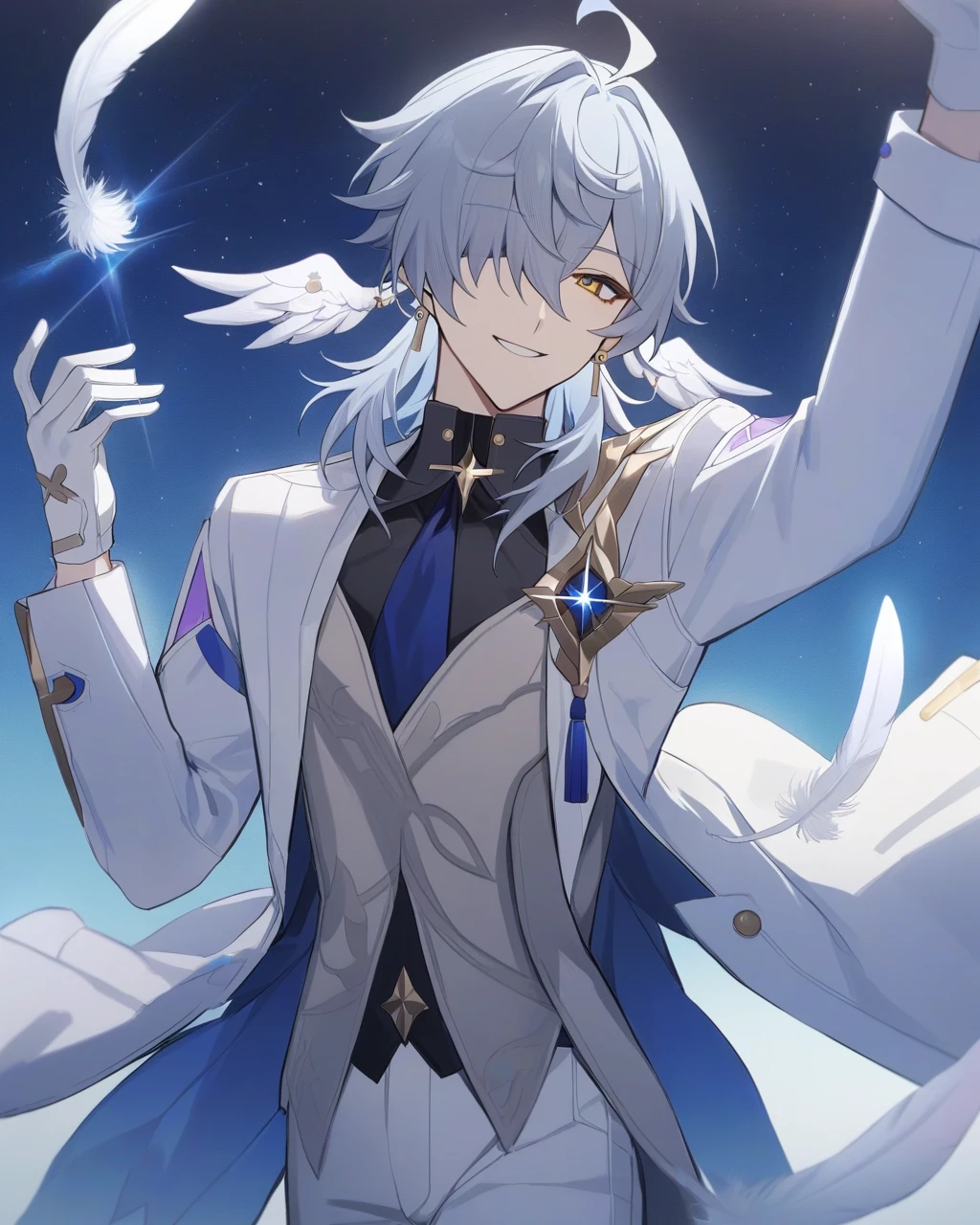 masterpiece,best quality,sunday_(honkai:_star_rail), pants, grey_vest, gold_trim, standing, open_clothes, black_shirt, sidelocks, white_coat, one_eye_covered, sky, tassel, smile, vest, hands_up, starry_sky, looking_at_viewer, gloves,  solo, star_\(sky\), sparkle, glint, diffraction_spikes, open_coat, hand_up, shirt, hair_over_one_eye, long_sleeves, jewelry, white_gloves, white_jacket, jacket, ahoge, open_jacket, 1boy, male_focus, feathers, earrings, white_pants, coat