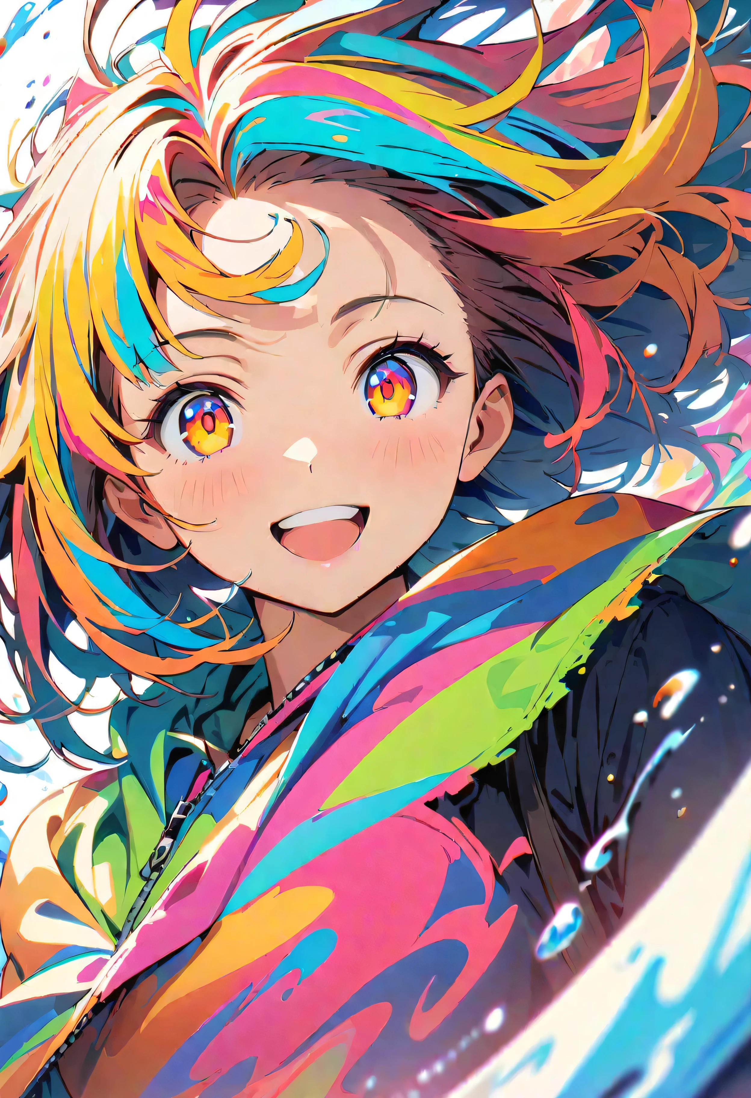 (masterpiece, Highest quality, Official Art:1.2), (colorful), Looking at the audience, One Girl, alone, White Background, floating colorful water, Ultra-fine illustrations, highly detailed, Dynamic Angle, beautiful detailed, 8K, break smiling amidst the colorful scenes, (Highest quality, masterpiece, High resolution, detailed), Anime Style, (Shining Eyes, detailed美しい顔), break,Dynamic Angle