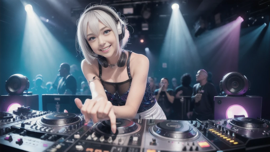 (ultra - detailed, 16K resolution, Cinema lenses, rendering by octane), (high resolution:1.18), intricate detail, (masterpiece:1.1), (highest quality:1.1), (1girl, portrait, white hair, blue eyes, short hair, detailed eyes),Wearing silver DJ headphones, Shiny silver sequined T-shirt, (Iconic hip-hop pop costumes:1.3), Smile while DJing on stage, full body shot of, The spotlight shines on the female DJ. Photorealistic photography by Disco Lighting, (cute round face:1.3), perfect fingers, five fingers, beautiful hands, perfect hands. master peace, cute smile.