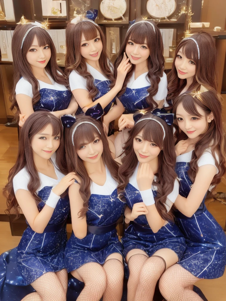 (ภาพถ่ายหมู่, ผู้หญิงหลายคน, ผู้หญิงญี่ปุ่นน่ารักที่มีร่างกายสมบูรณ์แบบ, (((12 สาวญี่ปุ่นสุดเซ็กซี่และน่ารักสุด ๆ)))), (วงไอดอล),  (ผลงานชิ้นเอก, คุณภาพสูง:1.2), หน้าอกใหญ่, (((เครื่องแต่งกายกลุ่มดาว))), (รอยยิ้ม), (วิวกลางคืนเต็มไปด้วยดวงดาวที่สวยงาม), ใบหน้าที่มีรายละเอียดสูง, ทิวทัศน์ยามค่ำคืนของกลุ่มดาว、หยุดพัก, ((เครื่องแต่งกายไอดอลที่มีลวดลายกลุ่มดาว)), วงไอดอลの uniform, รอยยิ้ม、เรียบ, ผิวขาวกระจ่างใส, พระคุณ, อากาศที่โปร่งใส, (ภาพถ่าย RAW 8k:1.1), แสงธรรมชาติ, 6ผู้หญิง, ไอดอลญี่ปุ่น