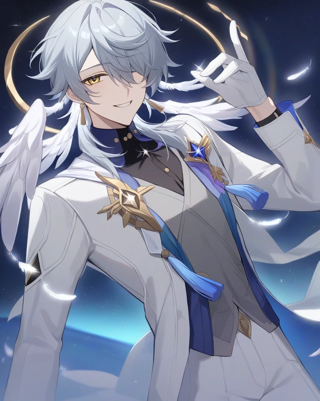 masterpiece,best quality,sunday_(honkai:_star_rail), pants, grey_vest, gold_trim, standing, open_clothes, black_shirt, sidelocks, white_coat, one_eye_covered, night star background, tassel, smile, vest, hands_up, starry_sky, looking_at_viewer, gloves, solo, star_\(sky\), sparkle, glint, diffraction_spikes, open_coat, hand_up, shirt, hair_over_one_eye, long_sleeves, jewelry, white_gloves, white_jacket, jacket, ahoge, open_jacket, 1boy, male_focus, feathers, earrings, white_pants, coat