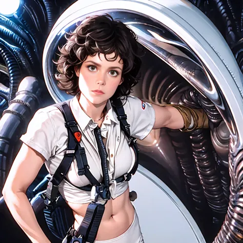 ((xenomorph alien)) alien movie ((ellen ripley))  a woman 30 years hold wearing small white panties and white tight vest top, br...