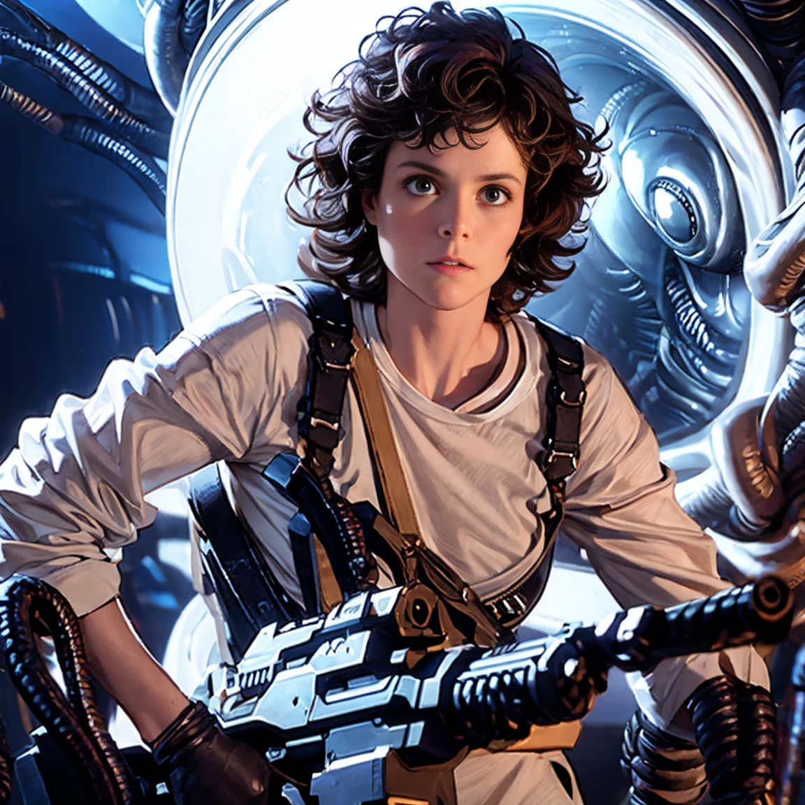 ((Xenomorph alien)) alien movie ((ellen ripley))  a woman 30 years hold wearing small white panties and white tight vest top, brown wavy curly hair, hourglass body,  perfect hands perfect body perferct eyes, location in a futuristic space ship, big breast, cowboy shot position, mid distance shot, sensual look, extremely detailed, ultra-realistic,  cinematic lighting, realistic light