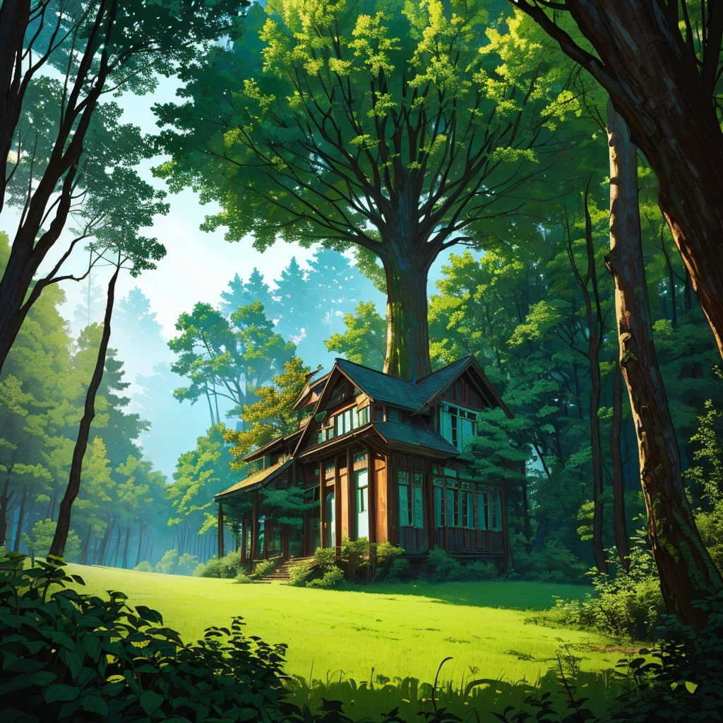 Cyberpunk, broken, there is a dense primeval forest with a lot of vintage house building pictures, cyberpunk, broken, there are a lot of stones, green lush forest background, thick tree background, large meadow, arena background, game background, exaggerated forest background, cartoon style