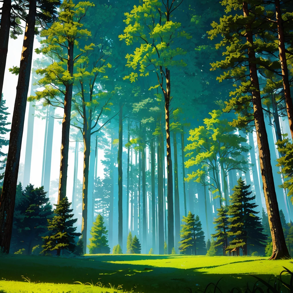 Cyberpunk, broken, there is a dense primeval forest with a lot of vintage house building pictures, cyberpunk, broken, there are a lot of stones, green lush forest background, thick tree background, large meadow, arena background, game background, exaggerated forest background, cartoon style