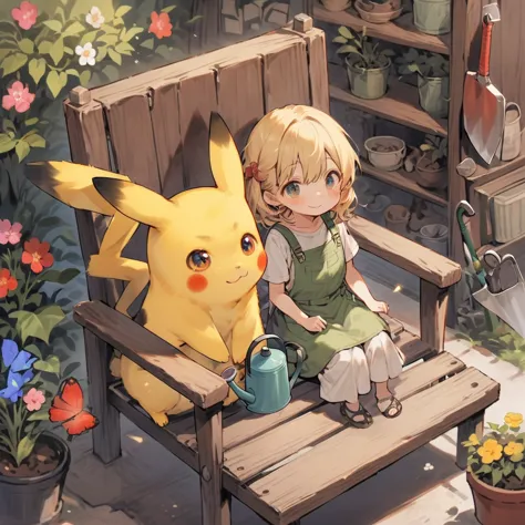 draw a delightful illustration of pikachu relaxing in a garden chair. pikachu should be surrounded by blooming flowers and green...