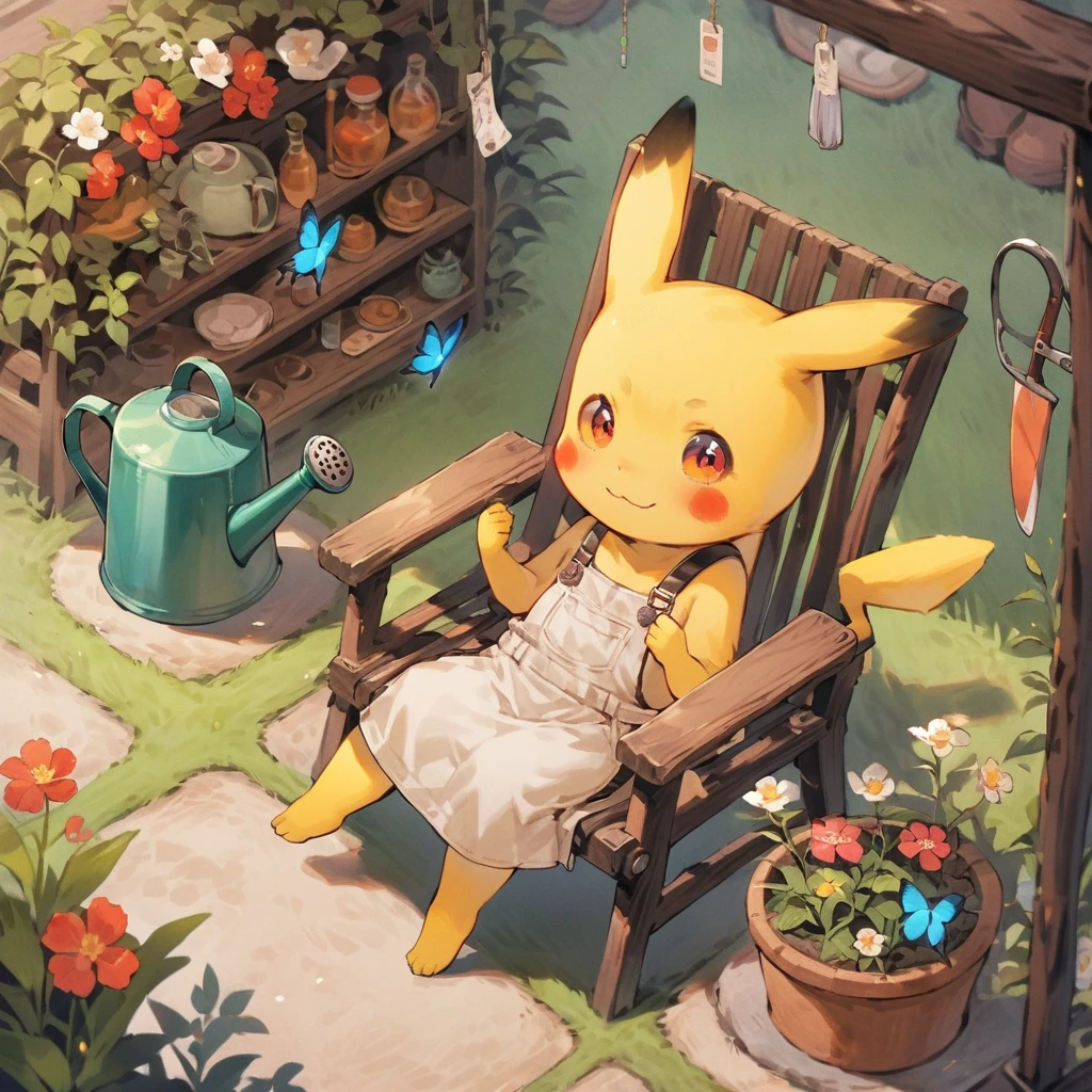 Dibuja una encantadora ilustración de Pikachu relajándose en una silla de jardín.. Pikachu debe estar rodeado de flores y vegetación., sentado cómodamente con una sonrisa. Incluye detalles como una regadera., herramientas de jardín, y mariposas volando alrededor. El ambiente general debe ser fresco y animado..