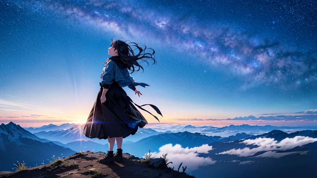 absurdity, high resolution, (official art, beautiful and aesthetic: 1.2), close view, sparkling sky, vast world,((1 girl)), staring, awe-inspiring expression, distant horizon, clouds, high hill, natural beauty, inspiration, light effect, wide shot, from afar,
