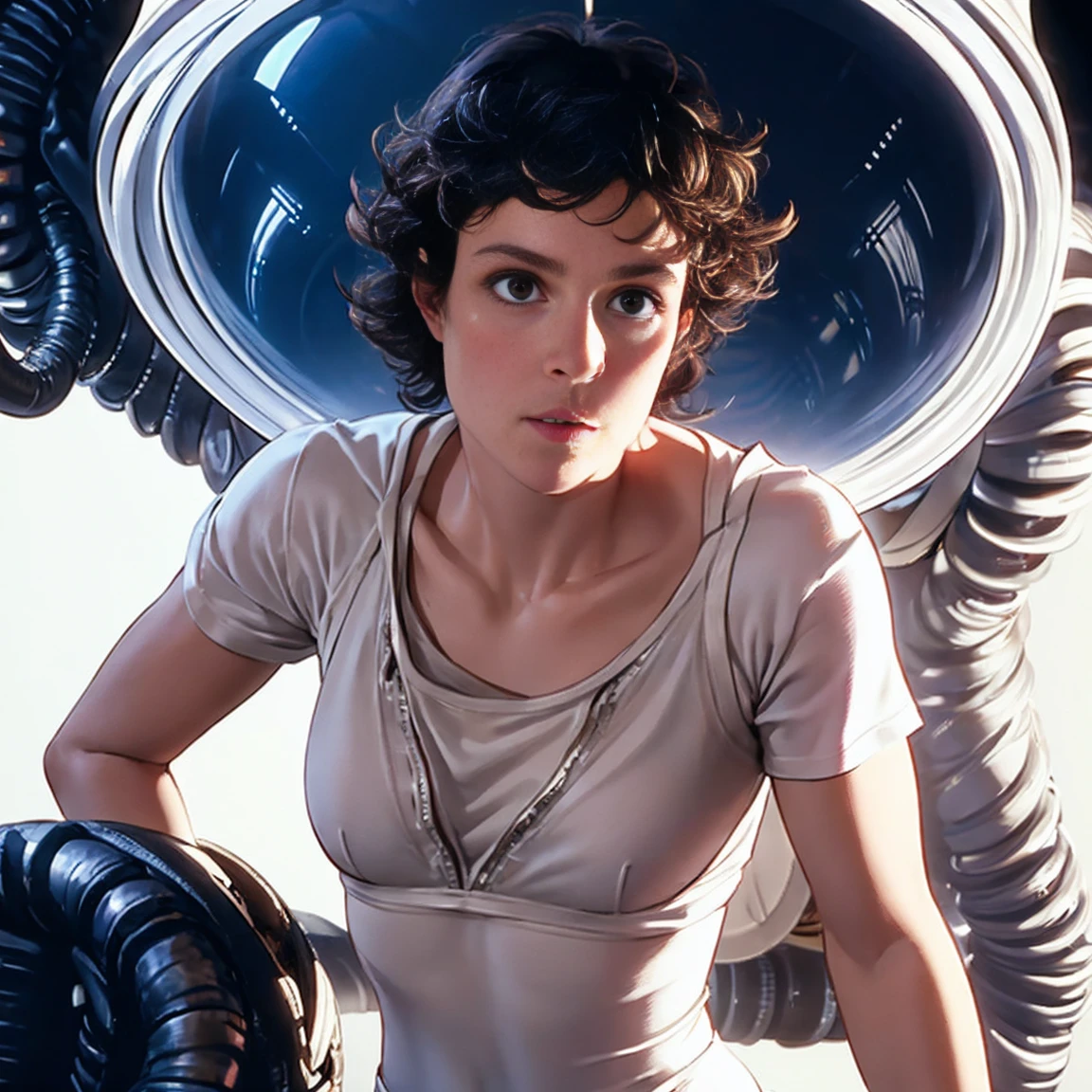 ((Xenomorph alien)) alien movie ((ellen ripley))  a woman 30 years hold wearing ((small white panties and white tight vest top)), brown wavy curly hair, hourglass body,  perfect hands perfect body perferct eyes, location in a futuristic space ship, big breast, cowboy shot position, mid distance shot, sensual look, extremely detailed, ultra-realistic,  cinematic lighting, realistic light