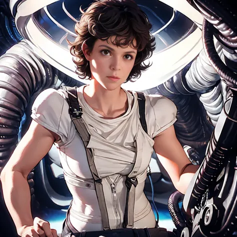 ((xenomorph alien)) alien movie ((ellen ripley))  a woman 30 years hold wearing ((small white panties and white tight vest top))...