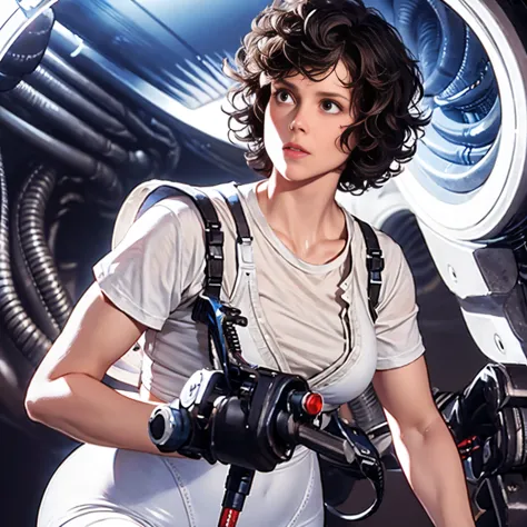 ((xenomorph alien)) alien movie ((ellen ripley))  a woman 30 years hold wearing ((small white panties and white tight vest top))...