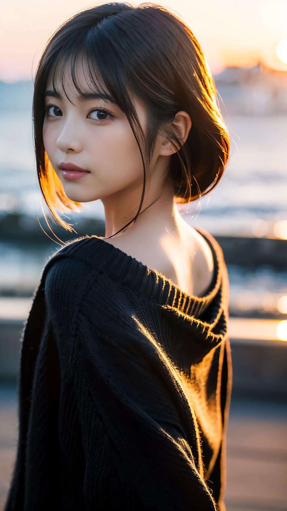 (chef-d&#39;œuvre:1.2),(la plus haute qualité),(Très détaillé:1.2),(Haute résolution),(Bâton photoréaliste),(Photos brutes),8k,Gros plan d&#39;une femme dans un pull noir,Portraits doux,belles femmes japonaises,magnifique portrait de visage,lumière des yeux,Fille de la personne elle-même,Très beau visage,beau portrait,Un visage charmant et délicat,belle jeune femme japonaise,Coiffure mature,regarde en arrière(Coucher de soleil en arrière-plan),(((Flou l&#39;arrière-plan))),(lumière douce),(par dessus l&#39;épaule),(Prise de vue en POV),((Mouvement dynamique des cheveux:1.2))