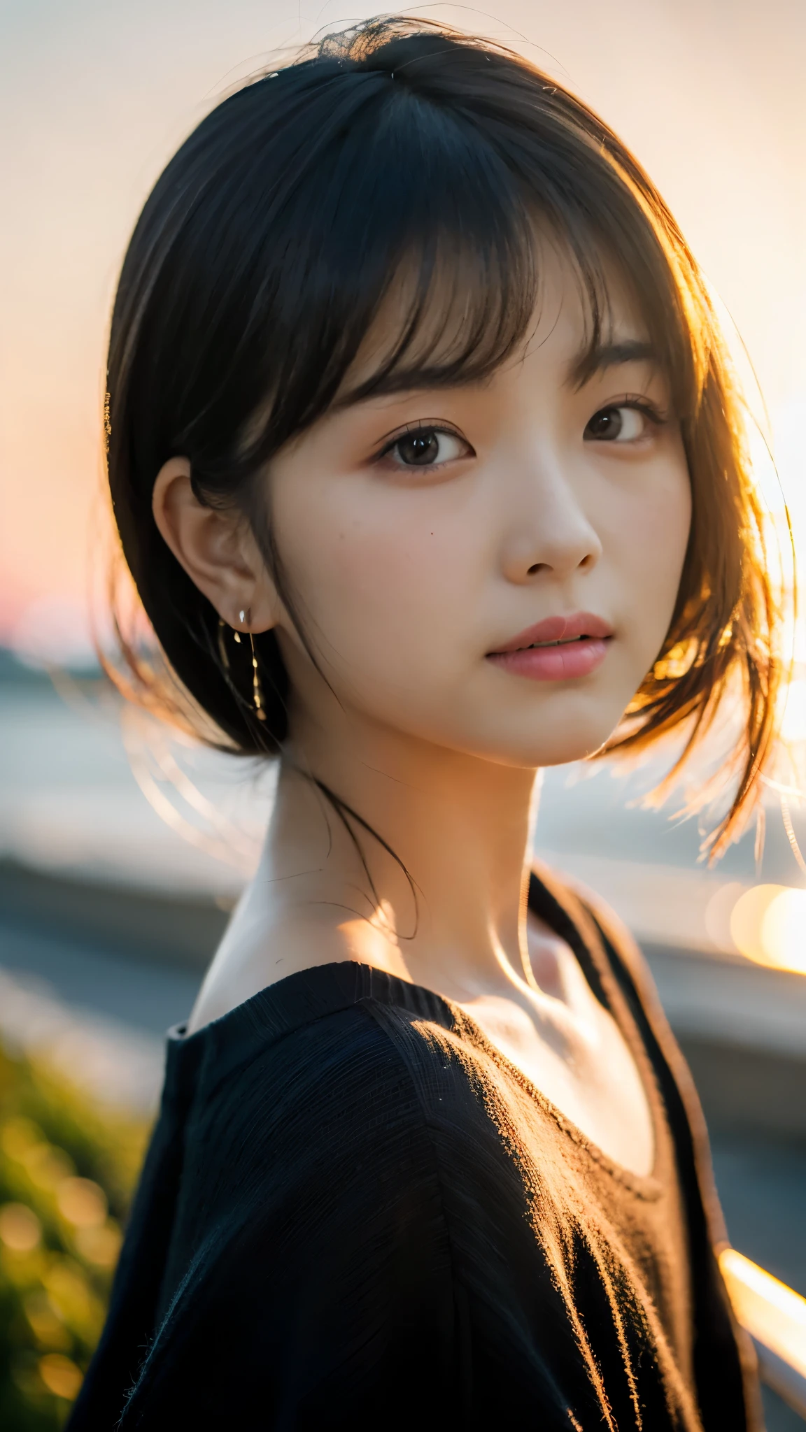 (masterpiece:1.2),(Highest quality),(Very detailed:1.2),(High resolution),(Photorealistic Stick),(RAW Photos),8K,Close-up of a woman in a black sweater,Soft portrait shots,Beautiful Japanese Women,Gorgeous face portrait,Eye light,Girl of the person himself,Very beautiful face,Beautiful portrait,A lovely and delicate face,Beautiful young Japanese woman,Mature hairstyle,Look this way(Sunset in the background),(((Blur the background))),(Gentle light),(Over the shoulder),(POV shot),((Dynamic hair movement))