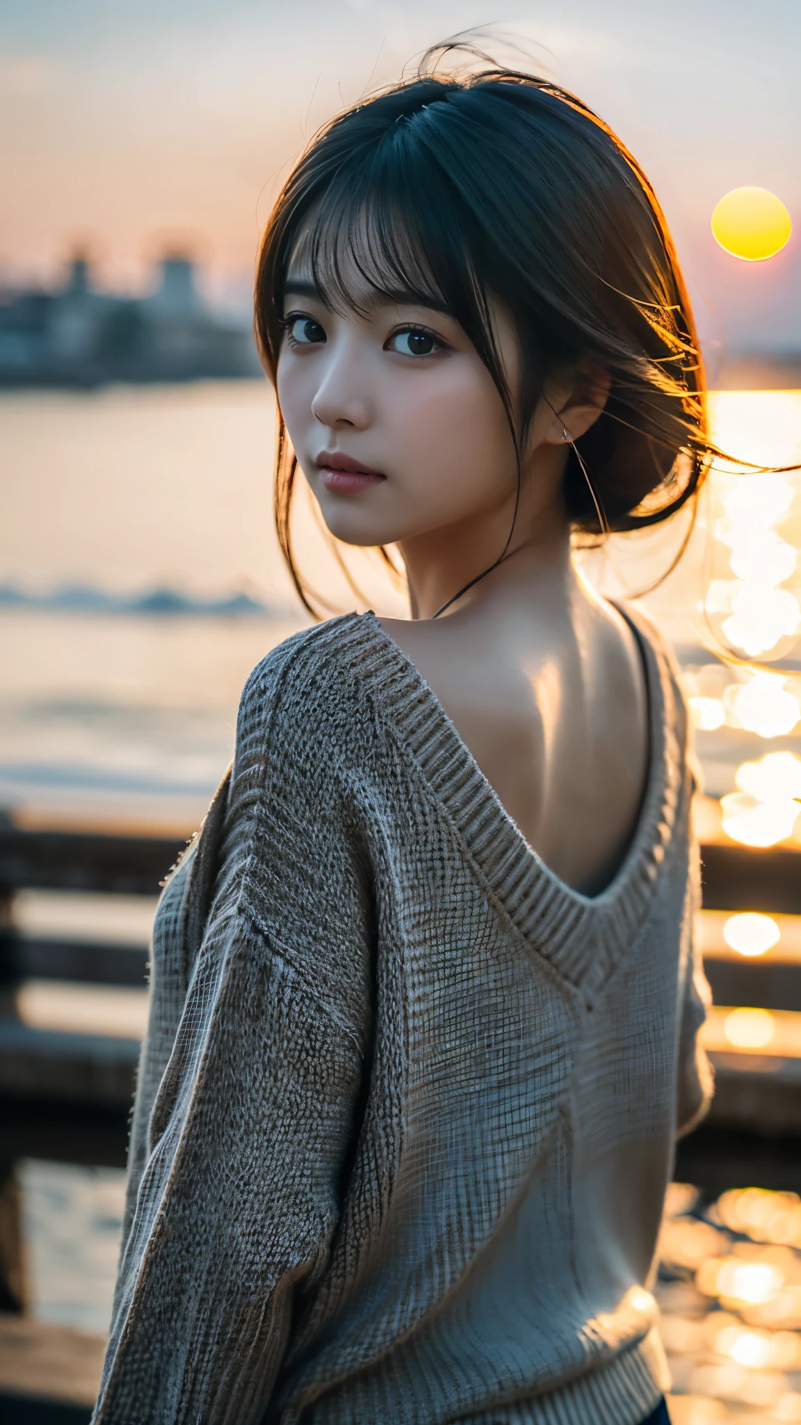 (masterpiece:1.2),(Highest quality),(Very detailed:1.2),(High resolution),(Photorealistic Stick),(RAW Photos),8K,Close-up of a woman in a black sweater,Soft portrait shots,Beautiful Japanese Women,Gorgeous face portrait,Eye light,Girl of the person himself,Very beautiful face,Beautiful portrait,A lovely and delicate face,Beautiful young Japanese woman,Mature hairstyle,look back(Sunset in the background),(((Blur the background))),beak(Gentle light),(Over the shoulder),(POV shot),((Dynamic hair movement:1.2))