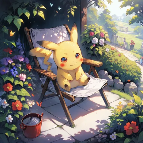 ((light contrast: 1.4)), break {draw a delightful illustration of pikachu relaxing in a garden chair. pikachu should be surround...