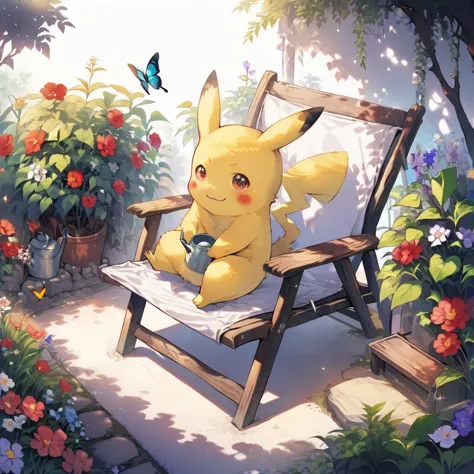 ((light contrast: 1.4)), break {draw a delightful illustration of pikachu relaxing in a garden chair. pikachu should be surround...