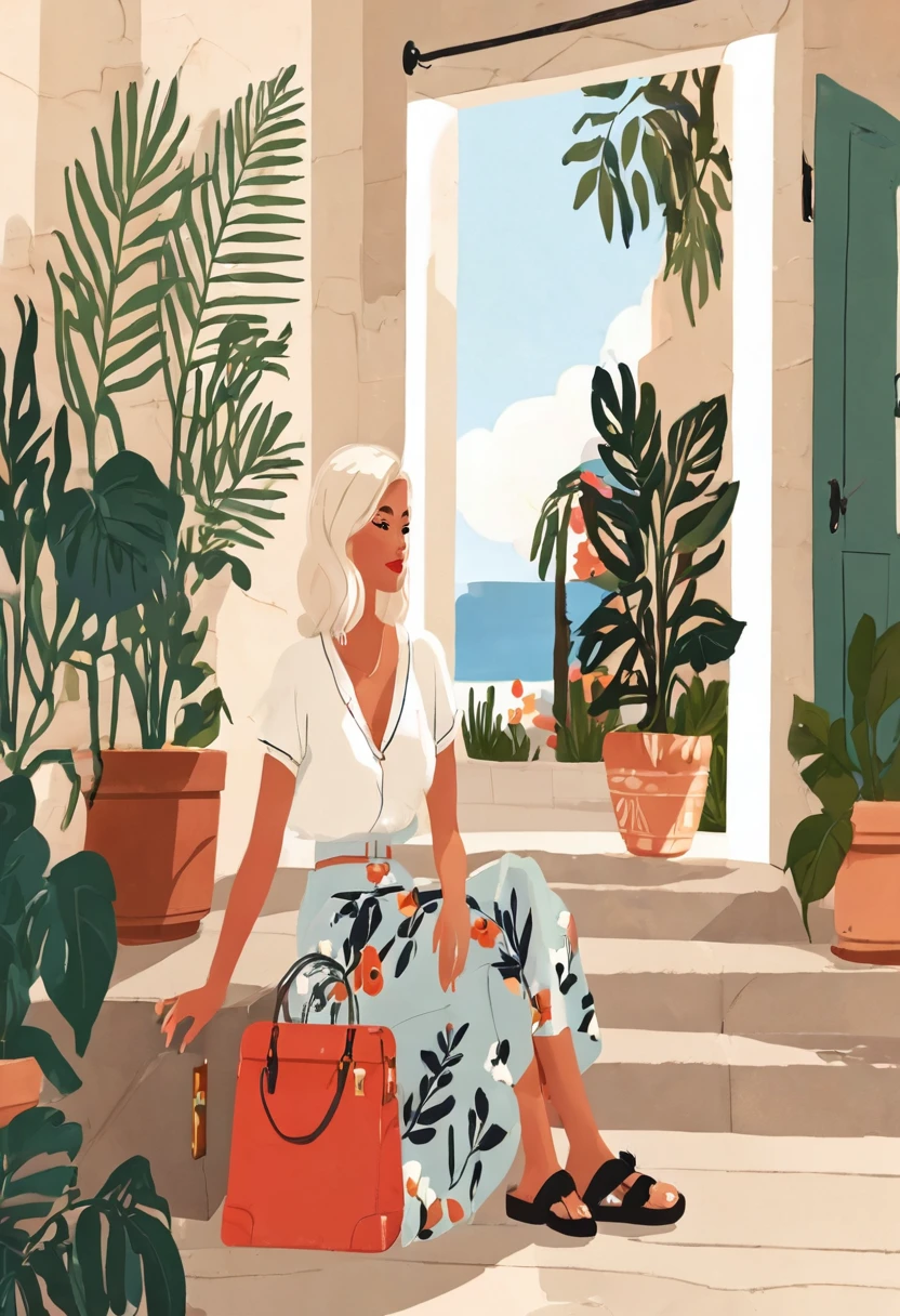 there is a woman sitting on a porch with a suitcase, in style of digital illustration, illustration style, flat illustration, stylized digital illustration, digital illustration -, trend on behance illustration, #illustration, colorfull illustration, editorial illustration colorful, cartoon style illustration, magazine illustration, colorful illustration, dreamy illustration, lo-fi illustration style, editorial illustration