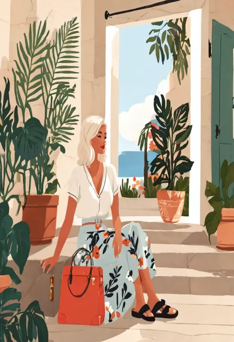 there is a woman sitting on a porch with a suitcase, in style of digital illustration, illustration style, flat illustration, st...