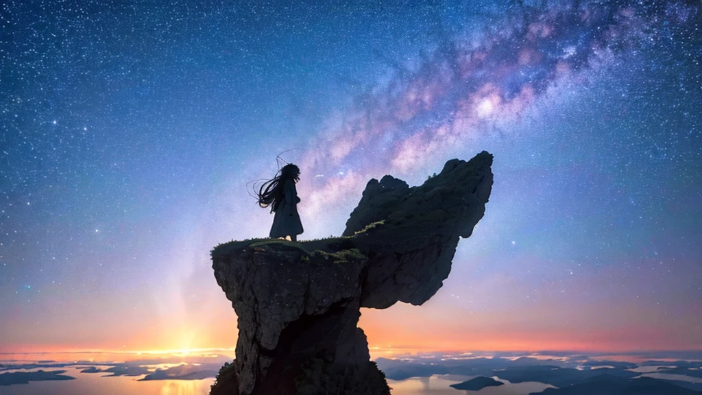 absurdity, high resolution, (official art, beautiful and aesthetic: 1.2), close view, sparkling sky, vast world,((1 girl)), staring, awe-inspiring expression, distant horizon, clouds, high hill, natural beauty, inspiration, light effect, wide shot, from afar,
