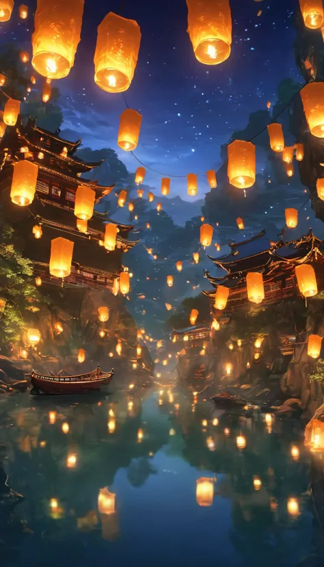 1.place the river lanterns by the river，cave，(((kongming lantern wishing lantern)))many sky lanterns are lit on the water, float...