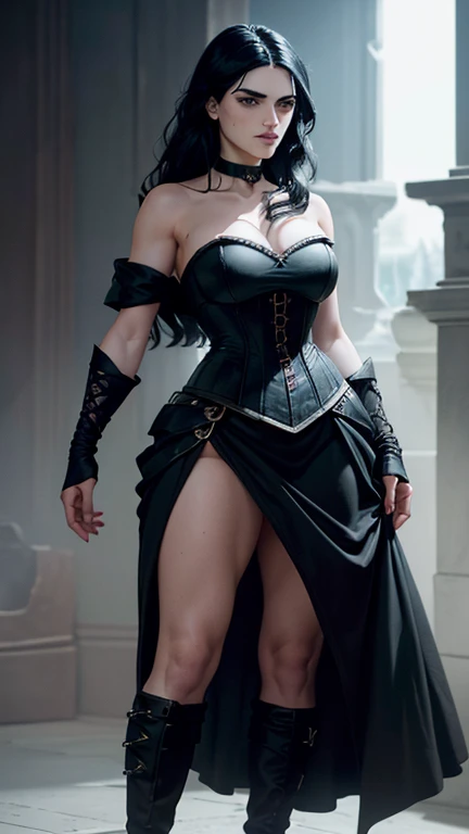 (Katie McGrath face), Generate an illustration of a young (Yennefer of Vengerberg), of Witcher 3,  hair combed to sides, layered haircut, de terno preto, long hair flows to her back, hair flows straight down, black hair, Ultrarealistic Violet eyes, both eyes are similar, (big round breasts), deep cleavage, round ass, black Corset outfit in anime format with a serious style, ((black strapless dress)), Ruby black velvet choker, grey tights, black boots, gothic make up, masterpiece, ((dark lighting)), black background, puffy lips,slendered toned abs, beautiful face