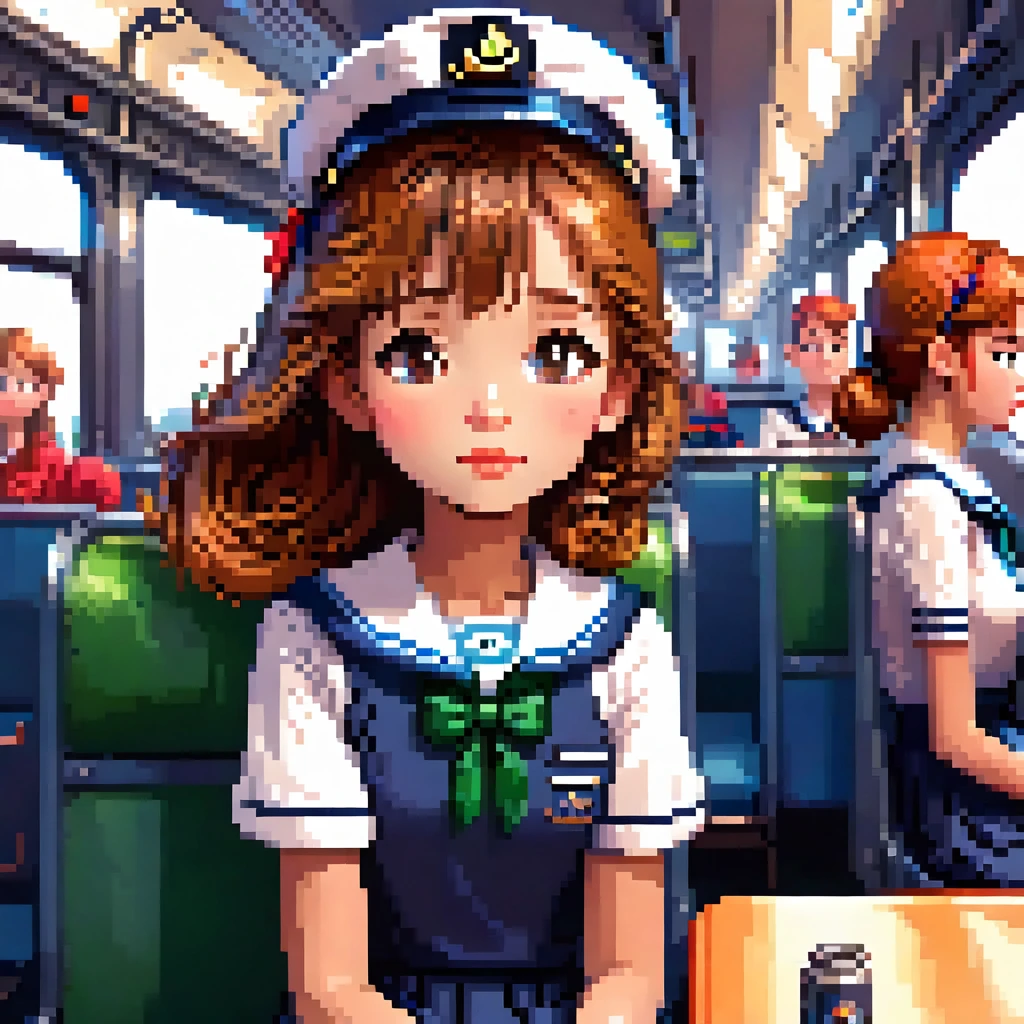 Create 3D Pixar-style cartoon scenes,,Wearing a sailor uniform,The girl in front of me,Sitting and sleeping on a train,The girl is sitting opposite me.