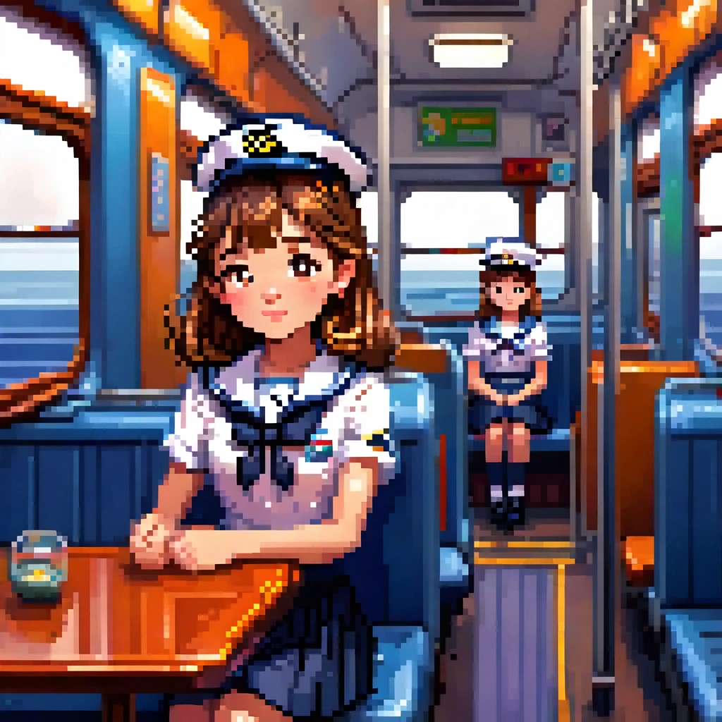 Create 3D Pixar-style cartoon scenes,,Wearing a sailor uniform,The girl in front of me,Sitting and sleeping on a train,The girl is sitting opposite me.