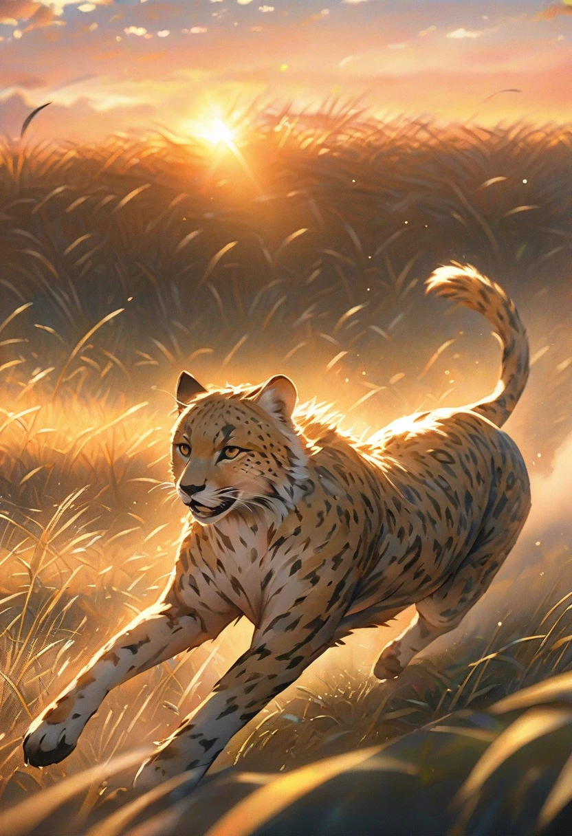 Magazine cover(masterpiece, best quality:1.2),((Masterpieces in up to 16K resolution):1.6),((Soft_color_photography:)1.5), ((Extremely detailed):1.4),((Typical static images and dynamic angles):1.3). | (Cheetah Photos, galloping, the African grassland, Sunset sky, Dramatic Lighting, detailed fur texture, Strong muscles, Blurred Grass, cinematic work, vibrant colors), ((detailed cheetah, detailed savannah, , Sunset, Golden Hour Lighting, vibrant colors):1.2), (cinematographic mirror), (Exotic Animals), (fiercely), (Pleasant atmosphere), (唯美photography风格), (Visual experience),(realism), (Practical),Award-winning graphics, Hidden Shot, Film Grain, extremely detailed, The art of math, ringing, Unreal Engine, Scene concept anti-glare effect, all以清晰焦点捕捉. | Rendered in Extremists-high definition with UHD and retina quality, this masterpiece ensures anatomical correctness and textured skin with super detail. Focus on high quality and accuracy, 这部获奖work以令人惊叹的 16k 分辨率捕捉到了每一个细微差别, Immerse the audience in lifelike depictions. | ((perfect_work, perfect_design, perfect_layout, perfect_detail, Extremists_detailed)), ((improve_all, Fix_a cut)), More details, improve.