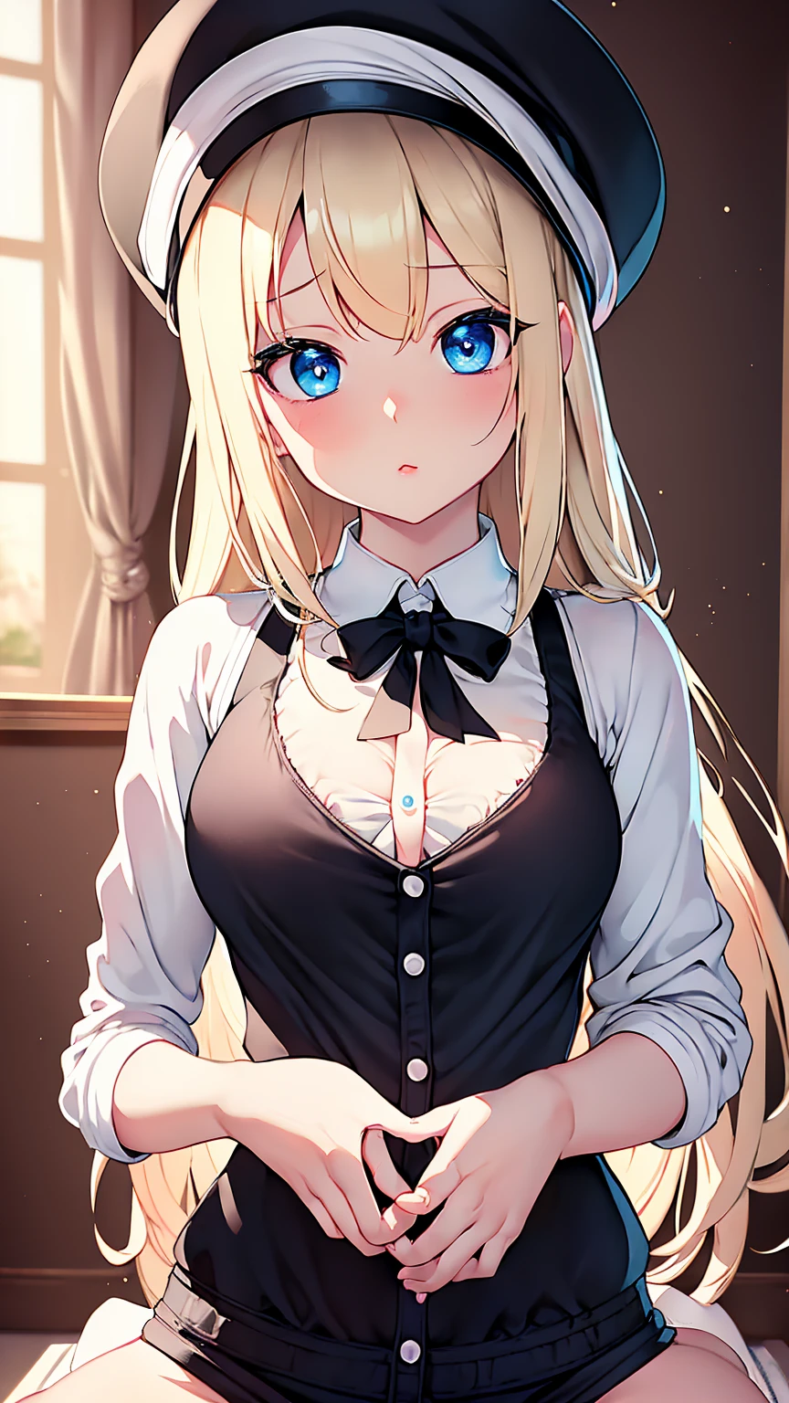 Highest quality,masterpiece,masterpiece portrait,full body,　Blonde、Blue Eyes、Pink lips、、White shirt、Black Ribbon、Sexy atmosphere、cartoonist、(((Slightly erotic)))、Wearing a beret、Holding a fountain pen、Anime Style、Beauty、Her background is monochrome black、(((Front view)))、Looking up,oil