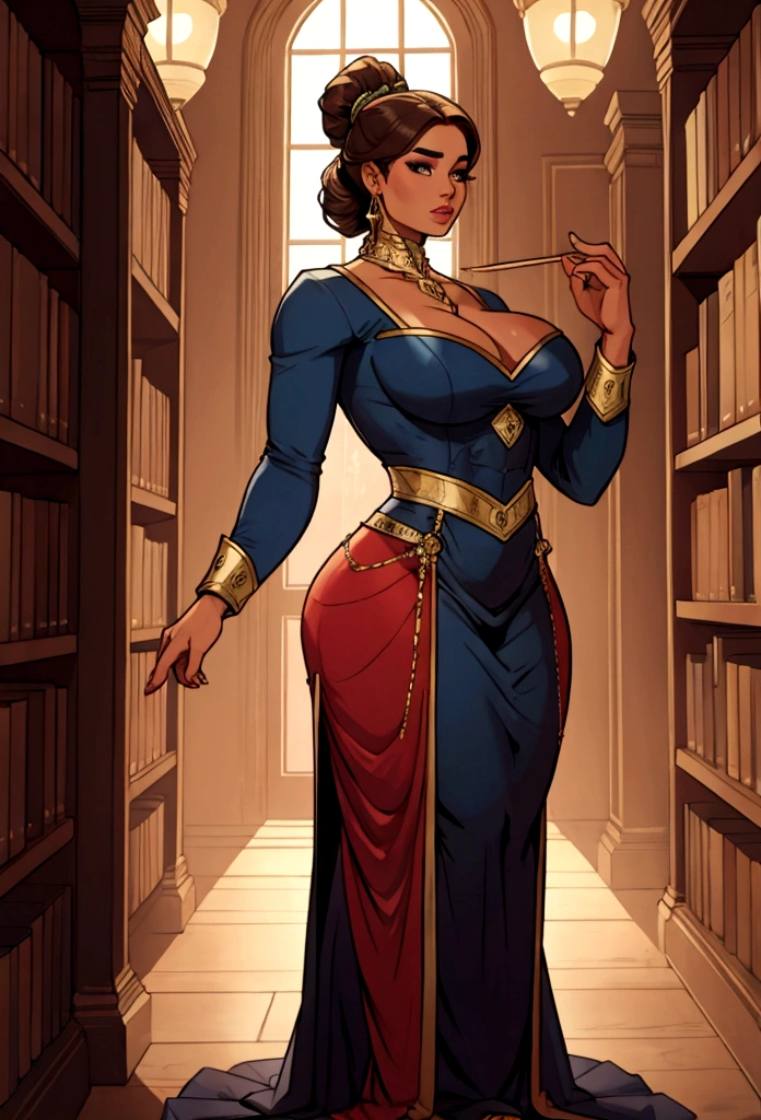 巨大な図書館の筋肉女性
