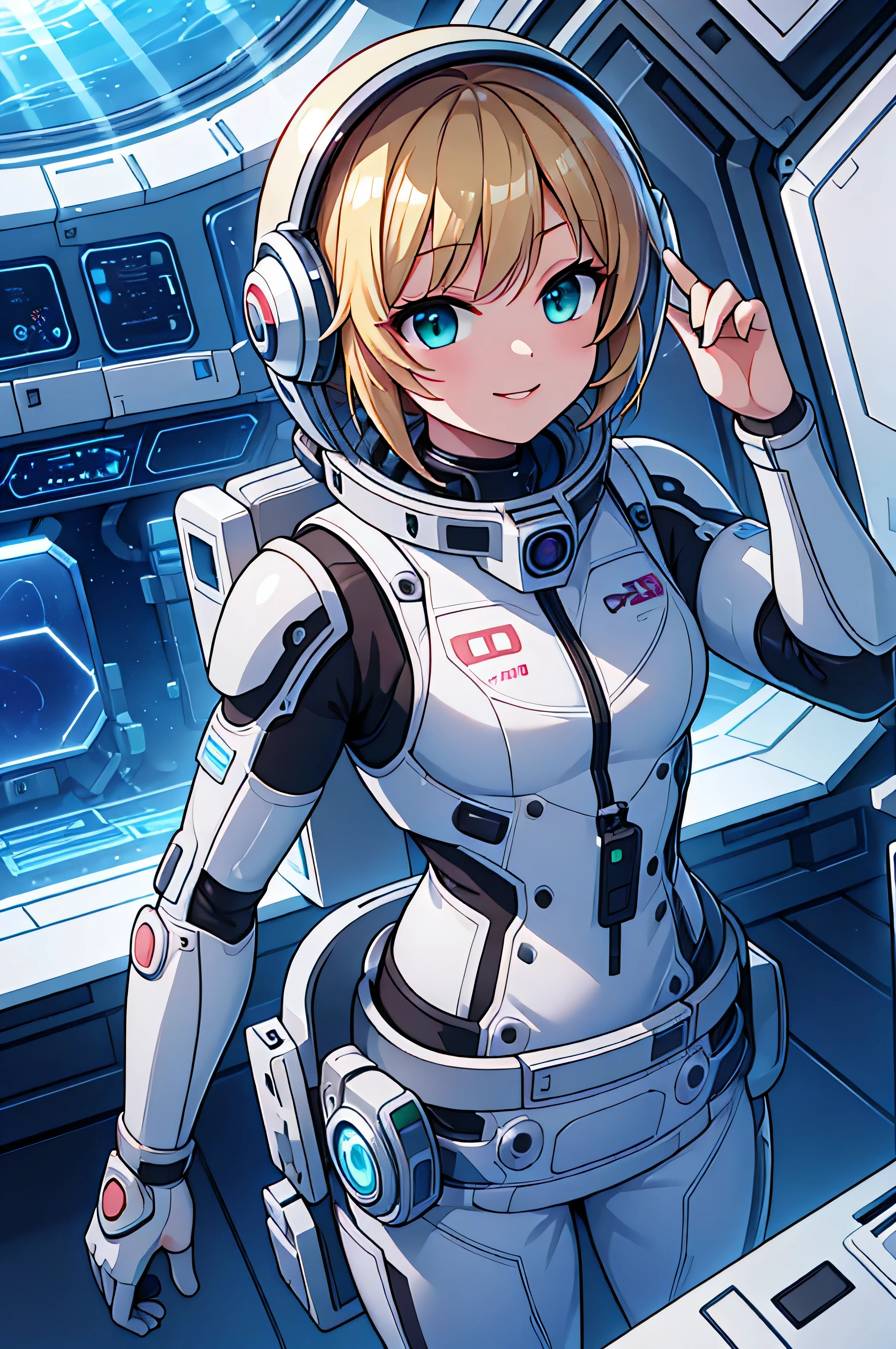 One girl, blondes_hair, One person,(Space Helmet):6, green_eye, Lookwg_w_Audience,Green color_White_futuristic_divwg_suit, Realistic, chest, short_hair, lips, Moderate_chest, cyborg_Enhancements, expensive_technology_armor, underwwer, coral_Reef, tropical_fish, sunlight_light, futuristic_brewhwg_apparwus,Smile