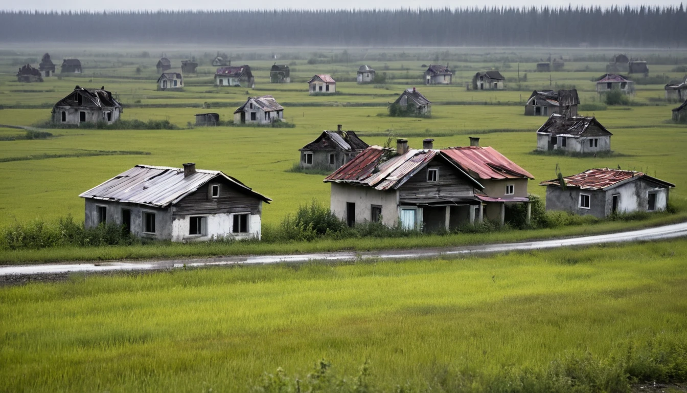 car driving on the road, seen from afar, several abandoned houses in ...