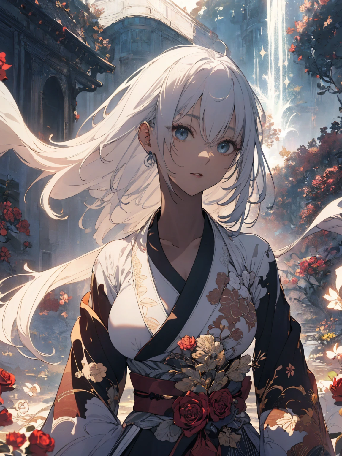 (Landscape photo, with a woman in the bottom right of photo:1.5, in white garden:1.5, kimono), Masterpiece, best quality, (very detailed CG unity 8k wallpaper), (best quality), High definition RAW color art, Animation,sculptures, (black Marble Skin), (((Ultra detailed elegant))), Magical atmosphere, Detailed skin, Texture,(Intricately detailed, Fine detail, ultra-detail art), depth of fields, Bokeh, Silky Touch, Hyper Detail, beautiful eyes, elegant face, (upper body focus), sparkle background, enormous breast:1.3, (silver hair), pure white, pose, muscle, embarrassing face, rose,  ドラマチックな光, profile