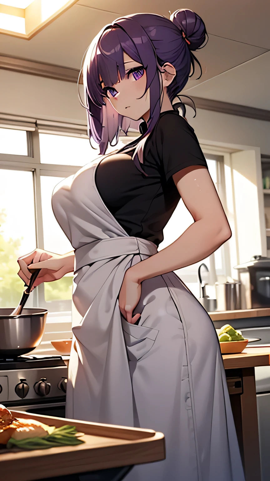 Anime girl in apron cooking in kitchen with large pan of food - SeaArt AI