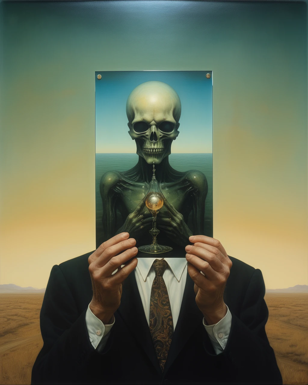 pintura a óleo de um ser segurando um cartão de tarô 2D do futuro por Giger Beksinski por William Eggleston reflexos em cromo e vidro, NENHUM HOMEM NA IMAGEM