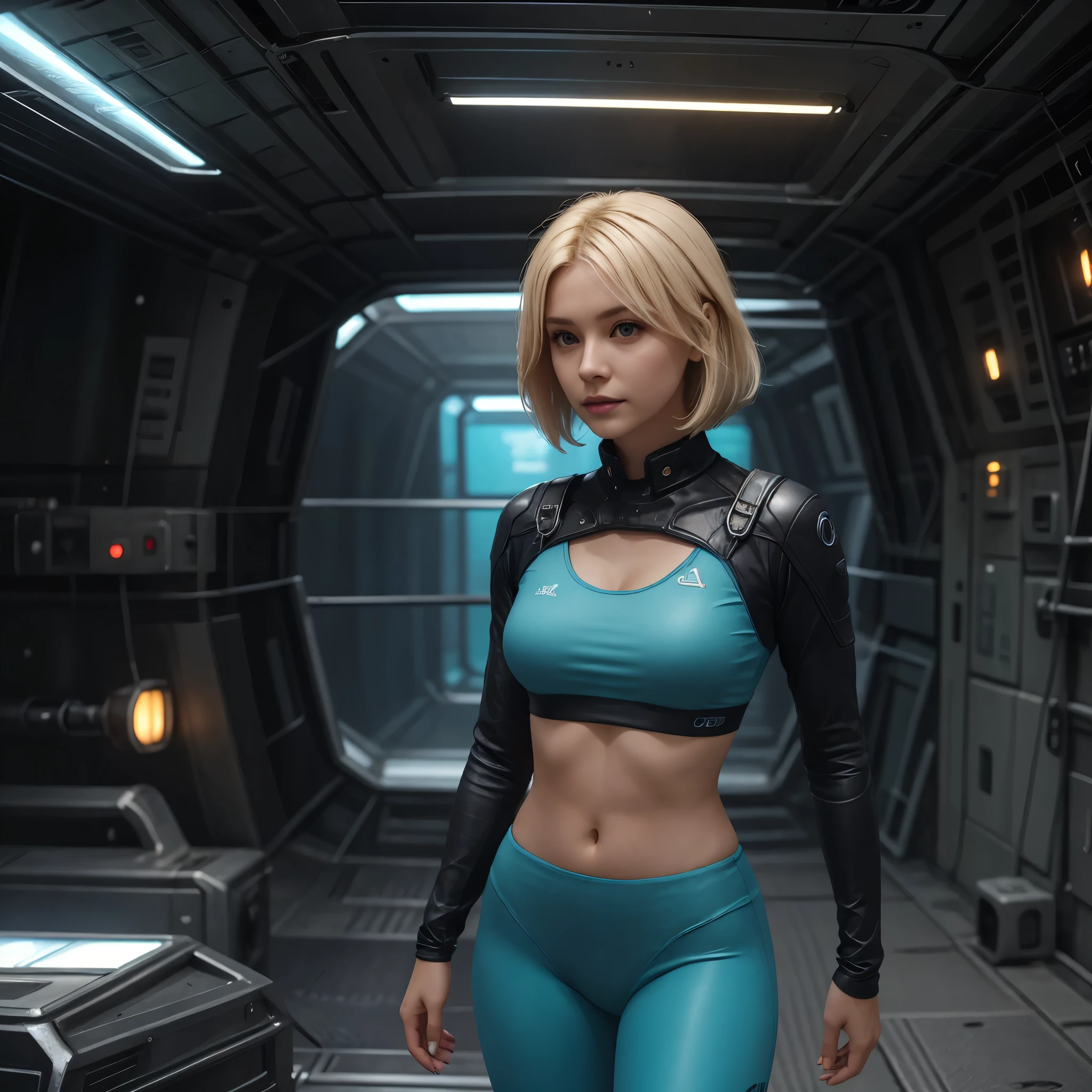 masterpiece, best quality, high quality, extremely detailed 32k unit an enchanting front view, A pretty 40 year old Blonde haired woman, she is standing out side of a Futuristic space station at night, she is wearing teal leggings and a crop top, her hair is Choppy Bob hair style, she looks beautiful in the glow of the street lights,(best quality ,photorealistic)
