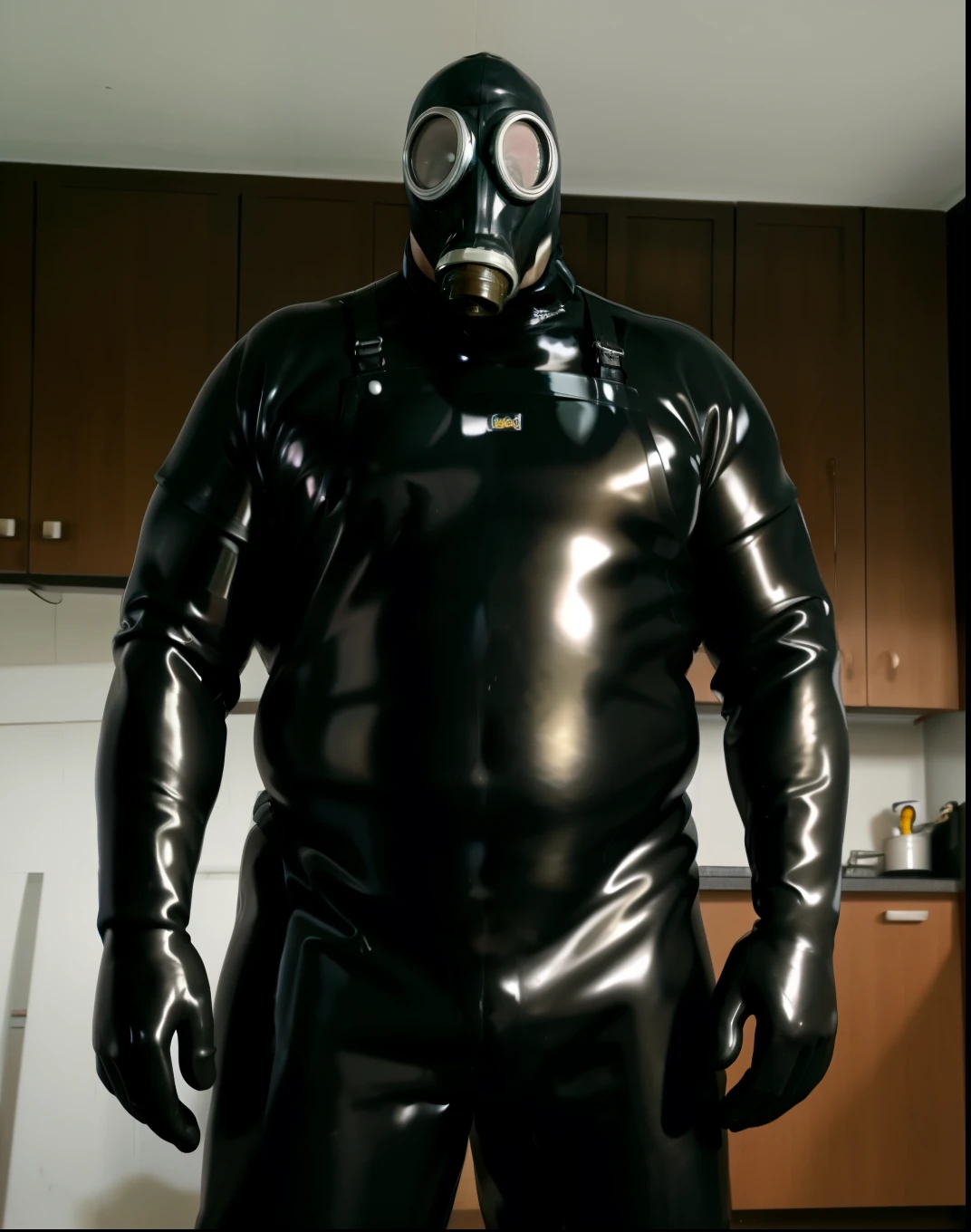 Arafed man in a gas mask and latex suit in a kitchen - SeaArt AI