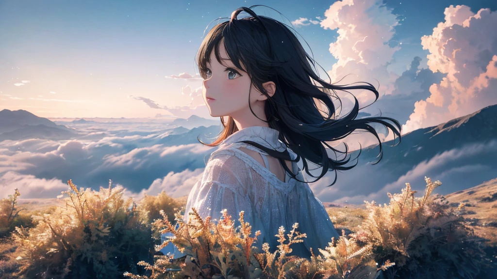 (masterpiece), (high resolution 8K),absurdity, high resolution, (official art, beautiful and aesthetic: 1.2), close view, sparkling sky, vast world,((1 girl)), staring, awe-inspiring expression, distant horizon, clouds, natural beauty, inspiration, light effect, wide shot, from afar,beautiful woman,