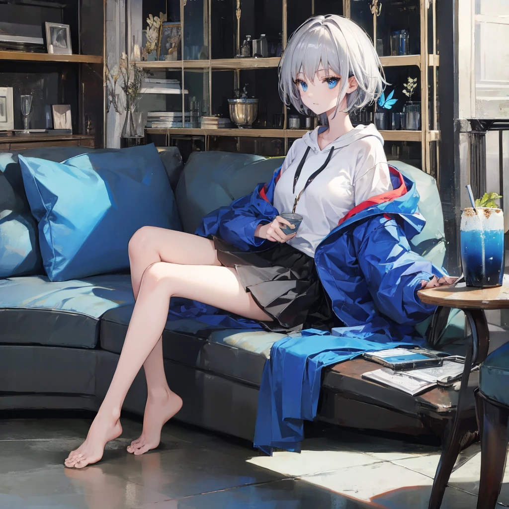 (((1 person　Gray Hair　Sit on the sofa　blue eyes)))　((High resolution　short hair　hoodie　Black Skirt　Rin々Funny face))　((Look to the side))　((Blue Butterfly　Asahi　Shining Aura　Catch the wind　Holding a cup　Drink coffee))　(smile　Bathed in light)　Shining Background　Shining Edge