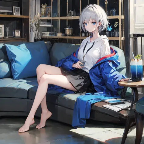 (((1 person　Gray Hair　Sit on the sofa　blue eyes)))　((High resolution　short hair　hoodie　Black Skirt　Rin々Funny face))　((Look to th...
